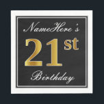 Servilleta De Papel Elegante, Faux Gold 21st Birthday   Nombre persona<br><div class="desc">Este sencillo y elegante diseño de servilletas de papel presenta un mensaje como "NombreAquí es el cumpleaños 21" (con el "21" con un falso aspecto de color dorado) dentro de un área cuadrada de color negro con un simple contorno de borde. El nombre está en un texto similar a un...</div>