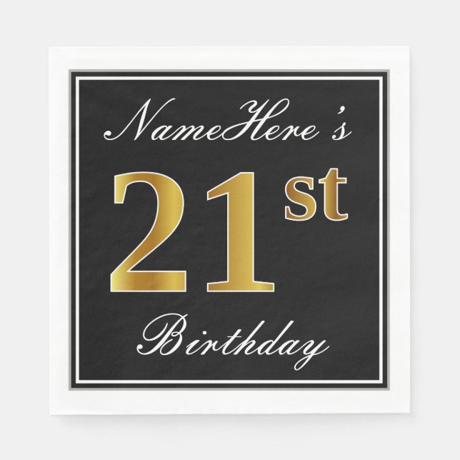 Servilleta De Papel Elegante, Faux Gold 21st Birthday + Nombre persona (Anverso)