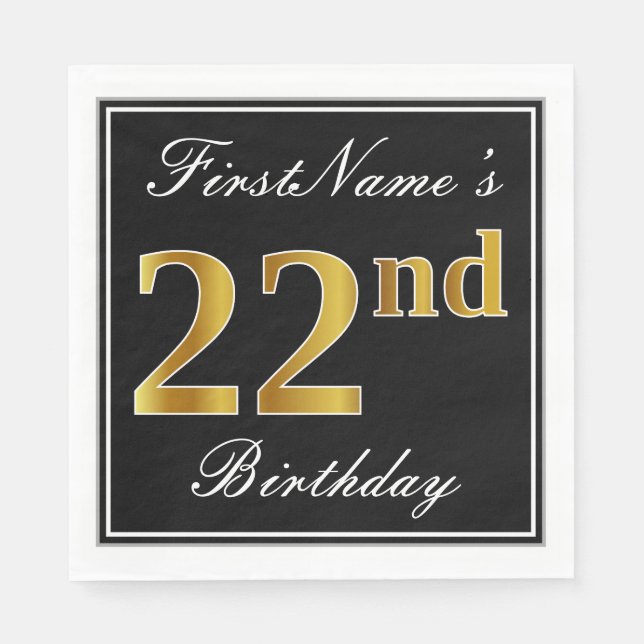 Servilleta De Papel Elegante, Faux Gold 22nd Birthday + Nombre persona (Anverso)