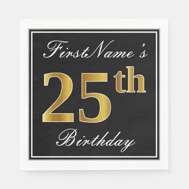 Servilleta De Papel Elegante, Faux Gold 25th Birthday + Nombre persona (Anverso)