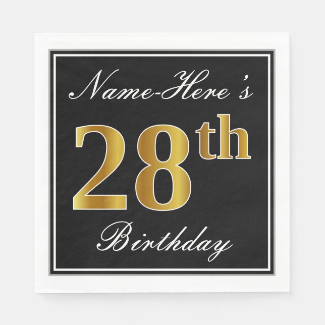 Servilleta De Papel Elegante, Faux Gold 28th Birthday + Nombre persona (Anverso)