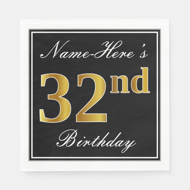 Servilleta De Papel Elegante, Faux Gold 32nd Birthday + Nombre persona (Anverso)