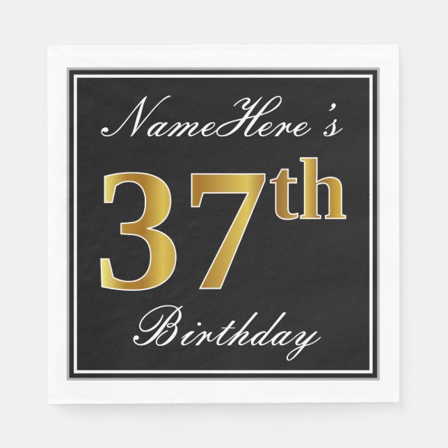 Servilleta De Papel Elegante, Faux Gold 37th Birthday + Nombre persona (Anverso)