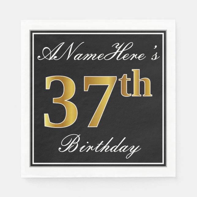 Servilleta De Papel Elegante, Faux Gold 37th Birthday + Nombre persona (Anverso)