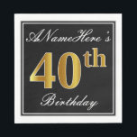 Servilleta De Papel Elegante, Faux Gold 40th Birthday   Nombre persona<br><div class="desc">Este sencillo y elegante diseño de servilletas de papel presenta un mensaje como "ANameHere's 40th Birthday" (con el "40th" con un falso color dorado) dentro de un área cuadrada de color negro con un simple contorno fronterizo. El nombre está en un texto similar a un guión de color blanco y...</div>