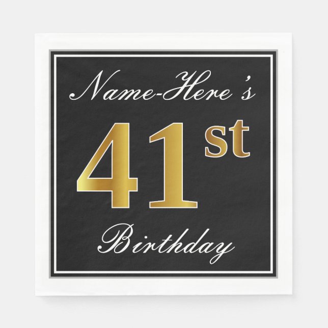 Servilleta De Papel Elegante, Faux Gold 41st Birthday + Nombre persona (Anverso)