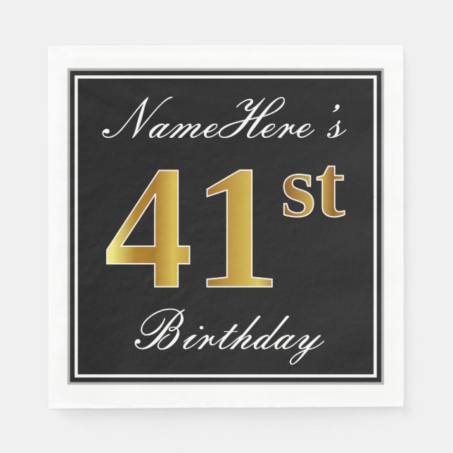 Servilleta De Papel Elegante, Faux Gold 41st Birthday + Nombre persona (Anverso)