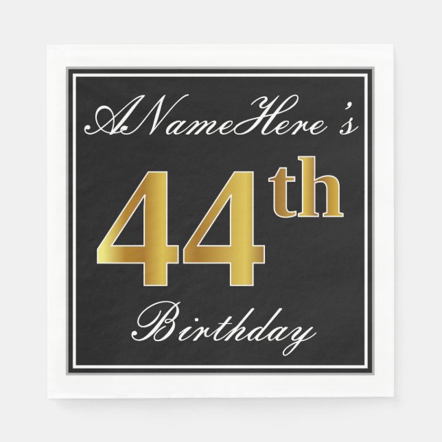 Servilleta De Papel Elegante, Faux Gold 44th Birthday + Nombre persona (Anverso)