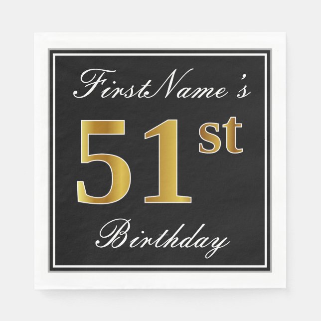 Servilleta De Papel Elegante, Faux Gold 51st Birthday + Nombre persona (Anverso)