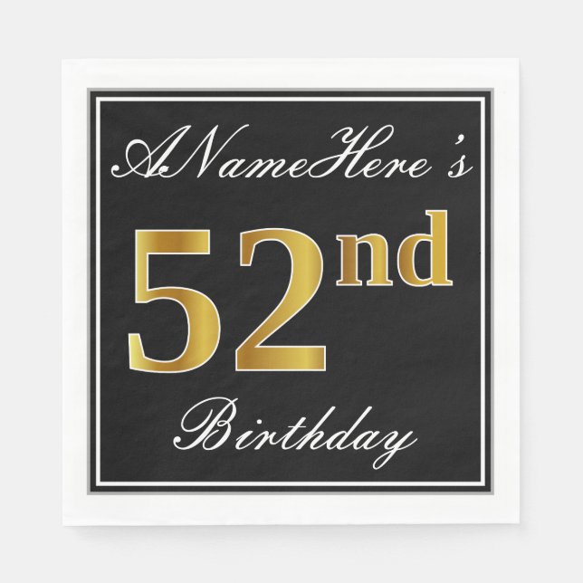 Servilleta De Papel Elegante, Faux Gold 52nd Birthday + Nombre persona (Anverso)