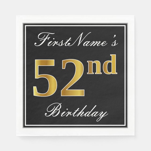 Servilleta De Papel Elegante, Faux Gold 52nd Birthday + Nombre persona (Anverso)