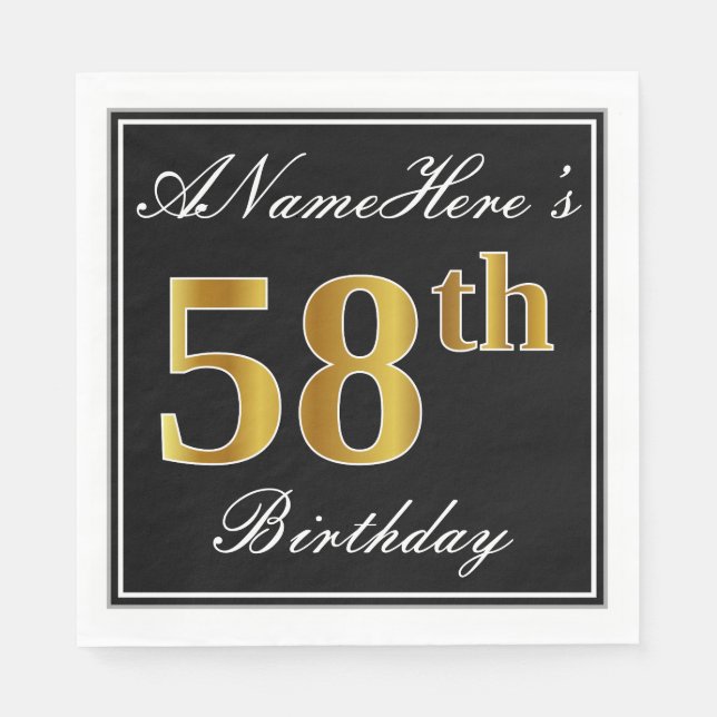 Servilleta De Papel Elegante, Faux Gold 58th Birthday + Nombre persona (Anverso)