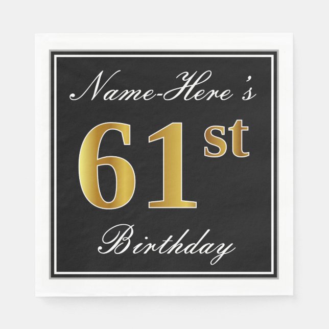 Servilleta De Papel Elegante, Faux Gold 61st Birthday + Nombre persona (Anverso)