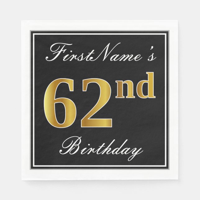 Servilleta De Papel Elegante, Faux Gold 62nd Birthday + Nombre persona (Anverso)