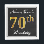 Servilleta De Papel Elegante, Faux Gold 70th Birthday   Nombre persona<br><div class="desc">Este sencillo y elegante diseño de servilletas de papel presenta un mensaje como "NombreAquí es el cumpleaños número 70" (con el "70" con un falso color dorado) dentro de un área cuadrada de color negro con un simple contorno fronterizo. El nombre se encuentra en un texto similar a un script...</div>