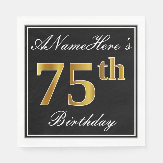 Servilleta De Papel Elegante, Faux Gold 75th Birthday + Nombre persona (Anverso)