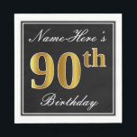 Servilleta De Papel Elegante, Faux Gold 90th Birthday   Nombre persona<br><div class="desc">Este sencillo y elegante diseño de servilletas de papel presenta un mensaje como "Nombre: Acá es el cumpleaños 90" (con el "90" con un falso color dorado) dentro de un área cuadrada de color negro con un simple contorno fronterizo. El nombre se encuentra en un texto similar a un script...</div>