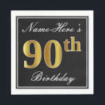 Servilleta De Papel Elegante, Faux Gold 90th Birthday   Nombre persona<br><div class="desc">Este sencillo y elegante diseño de servilletas de papel presenta un mensaje como "Nombre: Acá es el cumpleaños 90" (con el "90" con un falso color dorado) dentro de un área cuadrada de color negro con un simple contorno fronterizo. El nombre se encuentra en un texto similar a un script...</div>