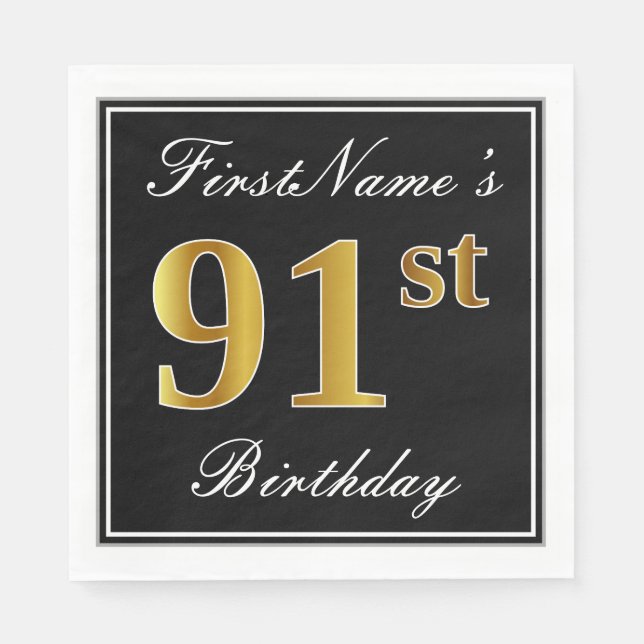 Servilleta De Papel Elegante, Faux Gold 91st Birthday + Nombre persona (Anverso)
