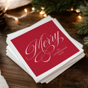 Servilleta De Papel Elegante Feliz Caligrafía en Rojo Navidad