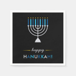 Servilleta De Papel Elegante Feliz Hanukkah Negro con Menorah plateado