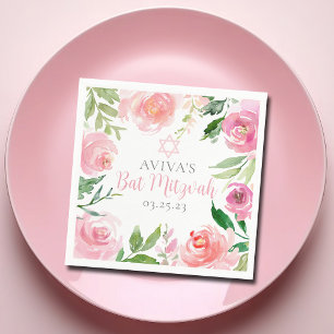Servilleta De Papel Elegante fiesta de Bat Mitzvah con flores rosadas