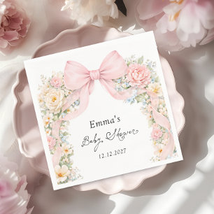 Servilleta De Papel Elegante Fiesta de Bebé Floral con Lazo Rosa