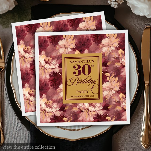 Servilleta De Papel Elegante Fiesta de cumpleaños 30 de Rubor Burgundy (Elegant Blush Burgundy Gold 30th Birthday Party Napkins)