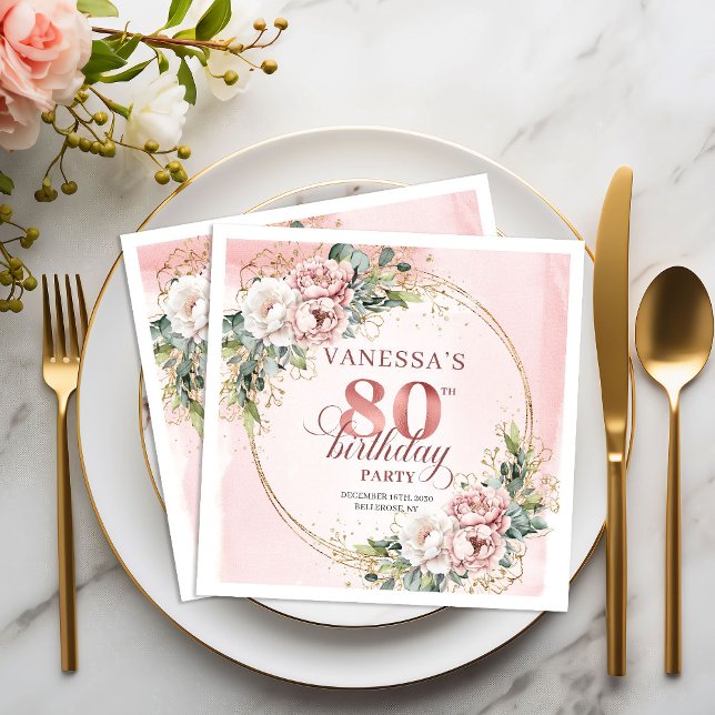 Servilleta De Papel Elegante Fiesta de Cumpleaños 80 Boho Rosa Claro F (Elegant Light Pink Floral 80th Birthday Party Napkins)