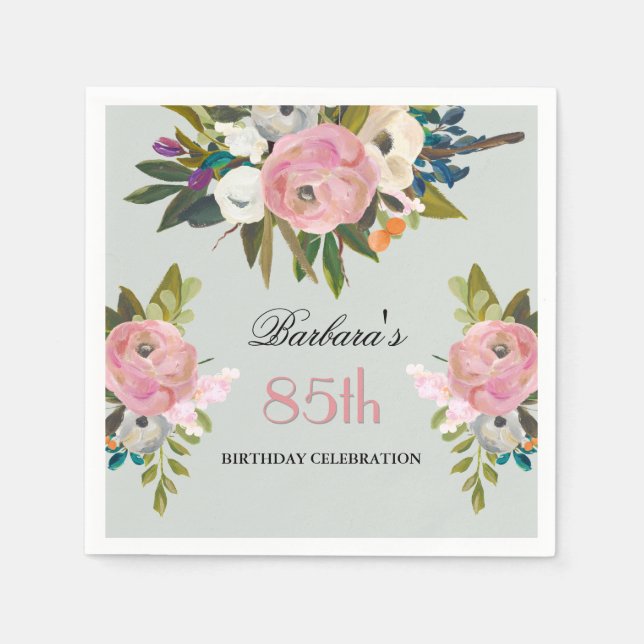 Servilleta De Papel Elegante Fiesta de Cumpleaños 85 con Flores Pintad (Anverso)