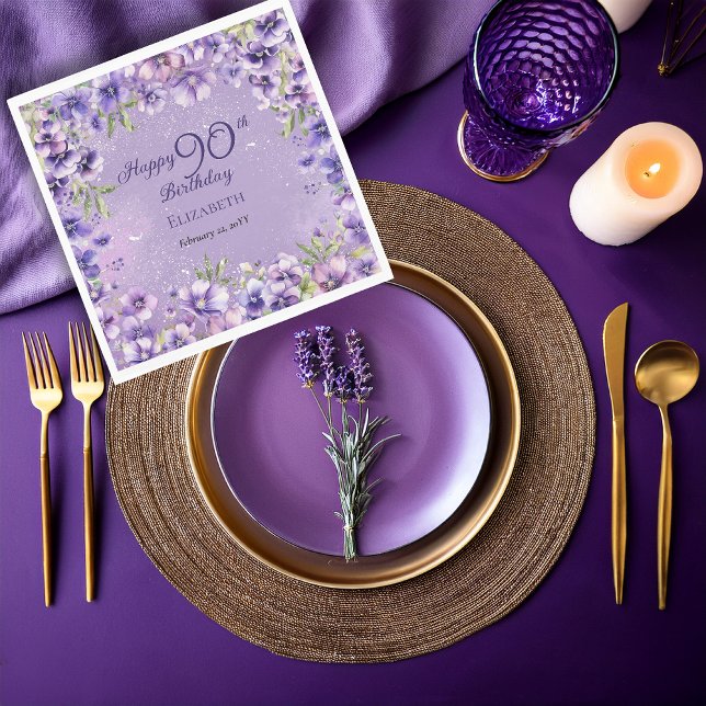 Servilleta De Papel Elegante Fiesta de Cumpleaños 90 de Flores Purpúre (Elegant Purple Floral Violets 90th Birthday Party Napkins)