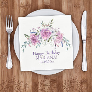 Servilleta De Papel Elegante Fiesta de Cumpleaños Floral Morado con Ac
