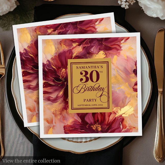 Servilleta De Papel Elegante Fiesta de cumpleaños Rubor Gold de Borgoñ (Stylish Burgundy Blush Gold 30th Birthday Party Napkins)