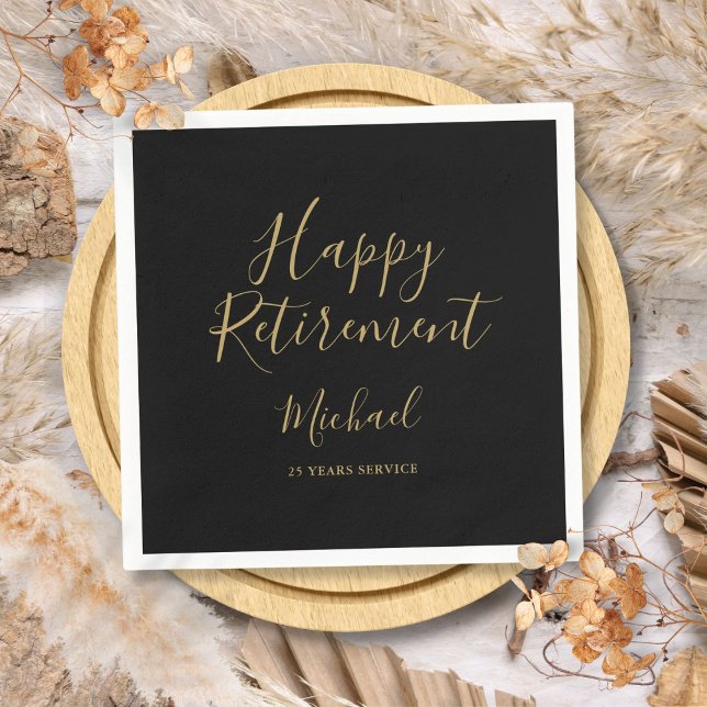 Servilleta De Papel Elegante Fiesta De Jubilación De Guión Negro Y Oro (Elegant Black And Gold Script Retirement Party Napkins)