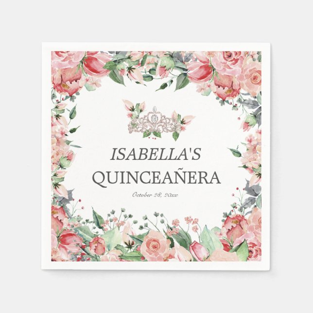 Servilleta De Papel Elegante Fiesta Floral Rosa Quinceañera (Anverso)