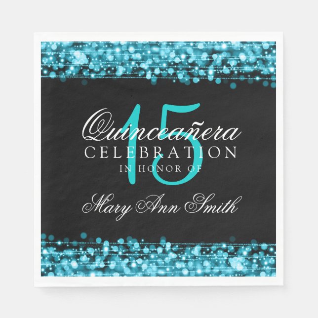 Servilleta De Papel Elegante Fiesta Quinceanera Sparkles Turquoise (Anverso)