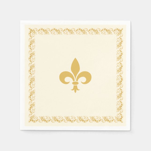Servilleta De Papel Elegante Fleur de Lis de Oro en Marfil (Anverso)
