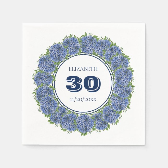 Servilleta De Papel Elegante Floral Azul Hydrangea 30 cumpleaños Fiest (Anverso)