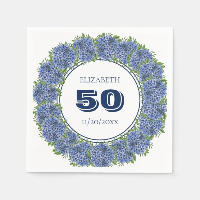 Servilleta De Papel Elegante Floral Azul Hydrangea 50 cumpleaños fiest (Anverso)