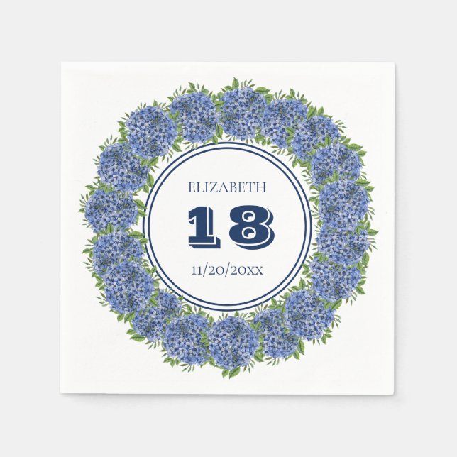 Servilleta De Papel Elegante Floral Azul Hydrangea Fiesta de cumpleaño (Anverso)