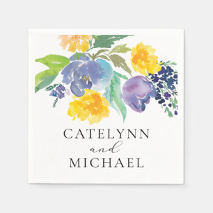 Servilleta De Papel Elegante floral azul marino y amarillo