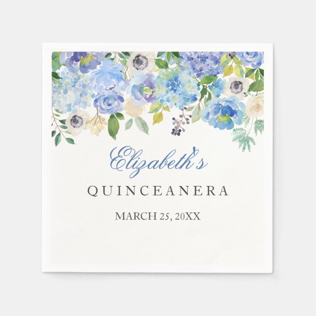 Servilleta De Papel Elegante Floral Azul Quinceanera Napkin (Anverso)