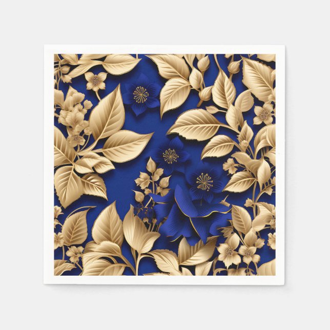 Servilleta De Papel Elegante floral azul real y dorada (Anverso)