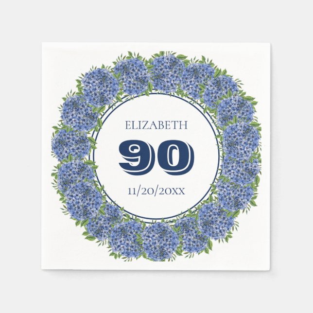 Servilleta De Papel Elegante Floral Blue Hydrangeas 90º cumpleaños (Anverso)