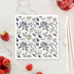 Servilleta De Papel Elegante Floral Botánico Acuarela Azul Gris Vintag