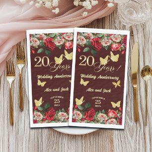 Servilleta De Papel Elegante Floral Dorado 20º Aniversario de Boda