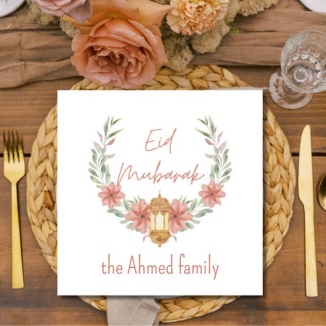 Servilleta De Papel Elegante Floral Moderna Eid Mubarak Nombre Blanco  (Add these elegant, modern, floral wreath "Eid Mubarak" paper napkins to your holiday entertaining!)