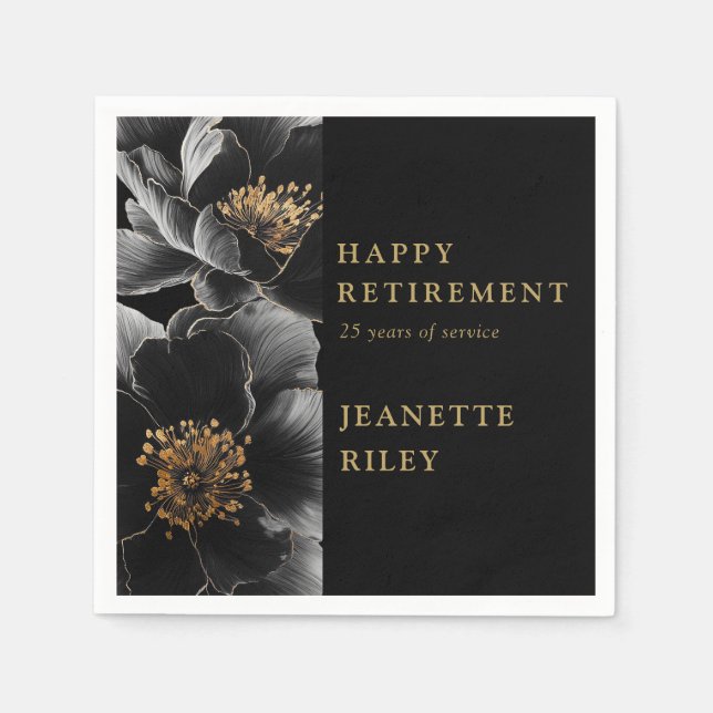 Servilleta De Papel Elegante Floral Negra Y Oro Feliz Jubilación (Anverso)