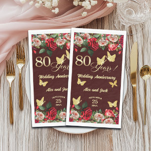 Servilleta De Papel Elegante Floral Oro 80 Aniversario de Boda