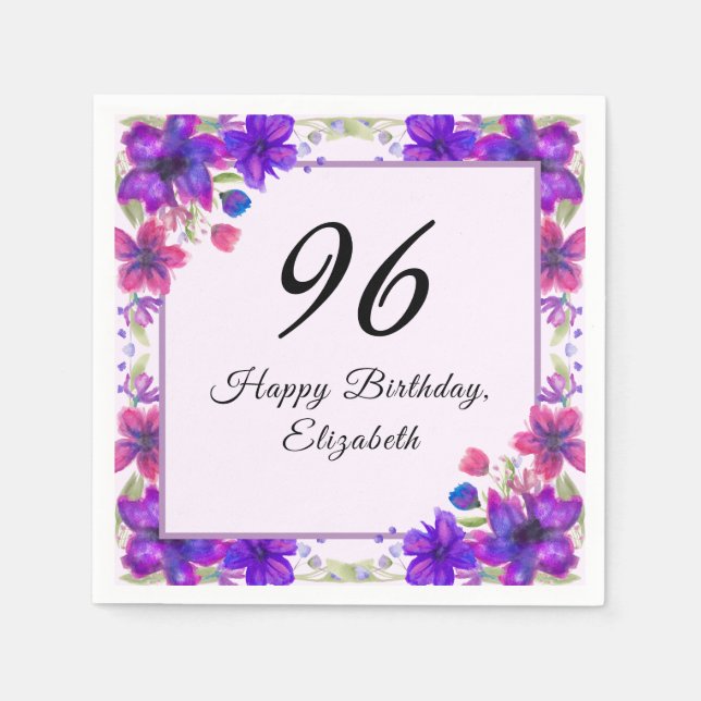 Servilleta De Papel Elegante Floral Púrpura Cumpleaños 96 (Anverso)